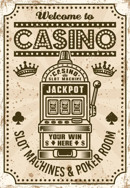 Casino Advertising Poster Slot Machine Vintage Style Grunge Vector Illustration — Vector de stock