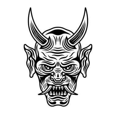 Oni mask japanese tattoo of demon face with horns vector illustration in vintage monochrome style isolated on white