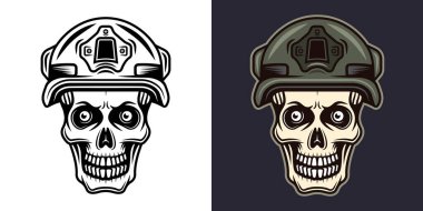 Soldier skull vector illustration in two styles monochrome on white and colored on dark background
