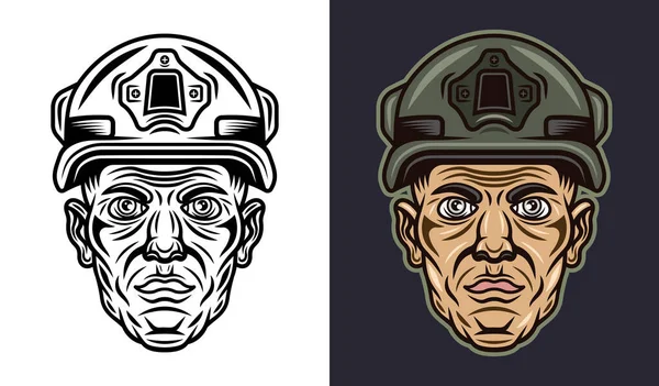 Soldier Head Infantryman Vector Illustration Two Styles Monochrome White Colored — Archivo Imágenes Vectoriales