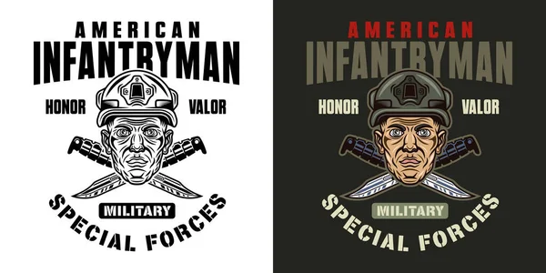 American Infantryman Vector Vintage Emblem Label Badge Logo Soldier Head — Vetor de Stock