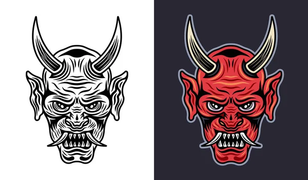 Oni Mask Japanese Tattoo Demon Face Horns Vector Illustration Two — Stock Vector