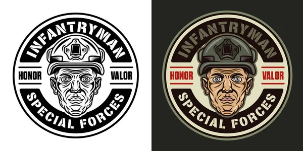 Special Forces Infantryman Vector Vintage Emblem Label Badge Logo Soldier — Stock Vector