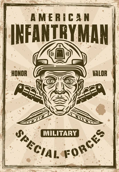 American Infantry Vintage Poster Soldier Head Helmet Crossed Combat Knives — Vetor de Stock