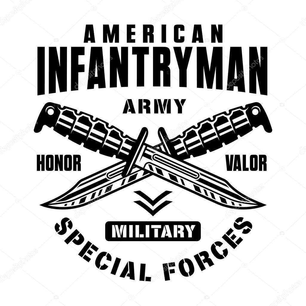 Two crossed combat knives vector vintage emblem, label, badge or logo. Monochrome illustration isolated on white
