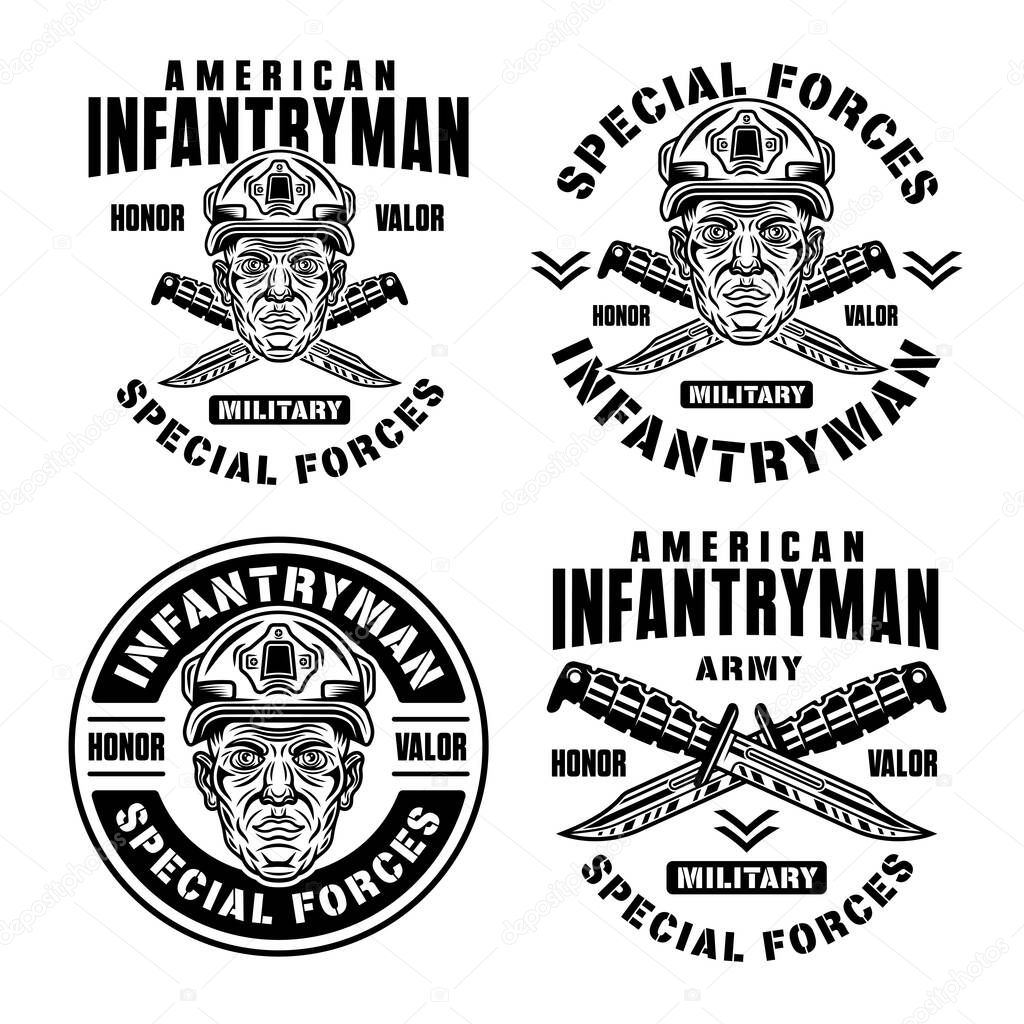 American infantryman set of vector vintage military emblems, labels, badges or logos with soldier head in helmet and combat knives. Monochrome illustration isolated on white
