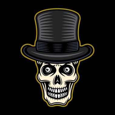 Silindir şapka vektör illüstrasyonlu beyefendi kafatası koyu arkaplan üzerinde klasik renkli stil, giyim tasarımı şablonu