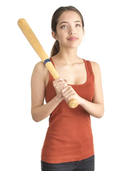 Vonzó fiatal nő gazdaság baseball ütő — Stock Fotó