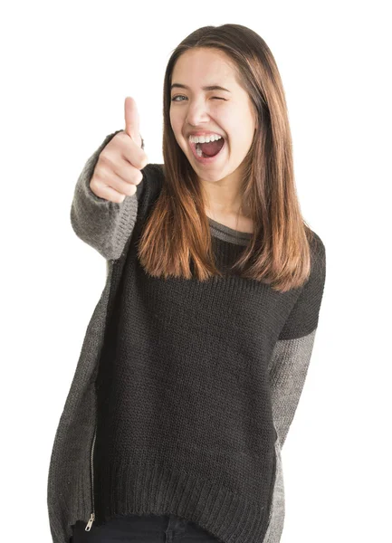 Mujer joven feliz mostrando gesto positivo — Foto de Stock