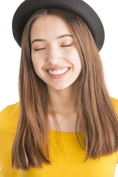 Portrait of attractive young woman with black hat — Stock Photo, Image