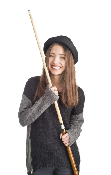 Attractive young woman holding billiard cue — Stock Photo, Image