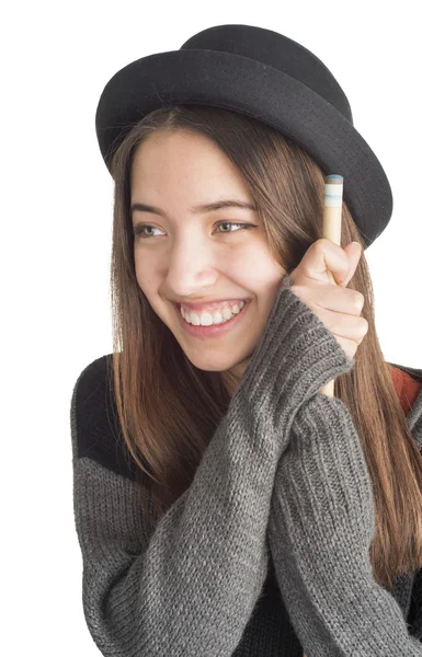 Attractive young woman holding billiard cue — Stock Photo, Image