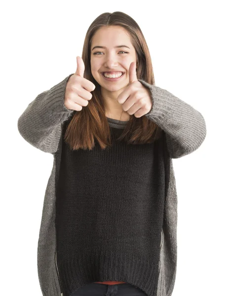 Positive young woman giving two thumbs up — Stock Photo, Image