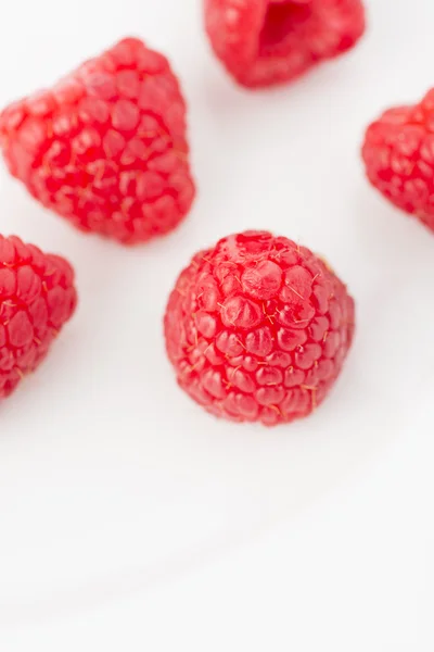 Closeup of fresh red raspberries on a white plate — Stock Photo, Image