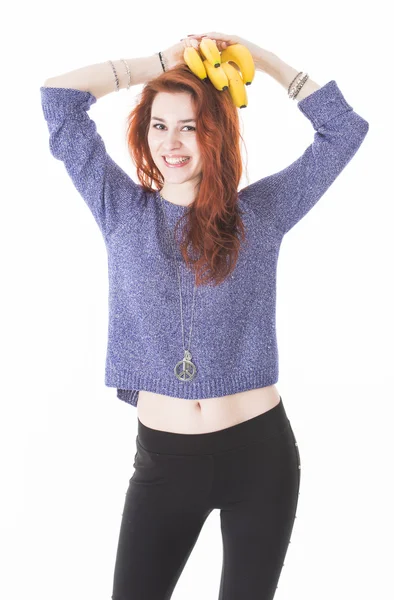 Happy woman hold a bunch of bananas — Stock Photo, Image