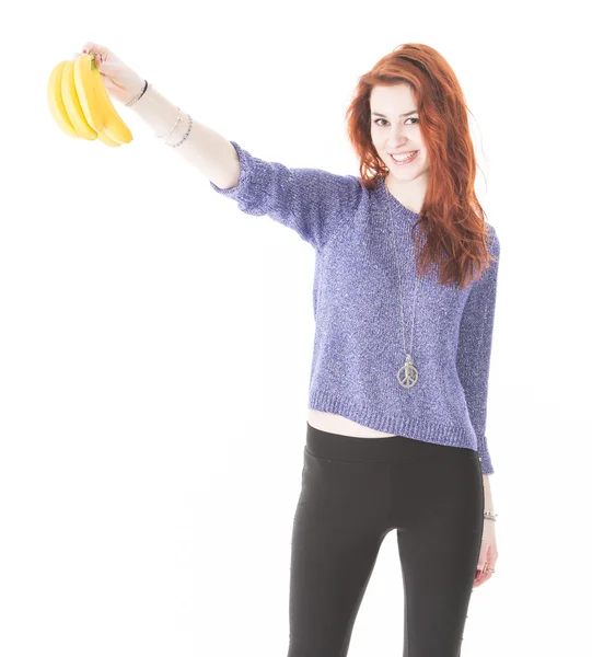 Happy woman hold a bunch of bananas — Stock Photo, Image