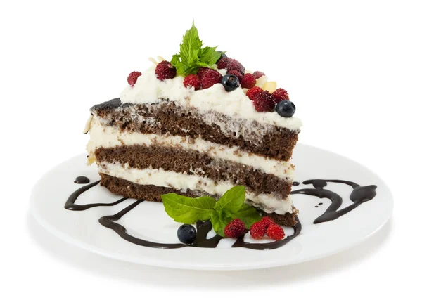 Stück Schokoladenkuchen mit Schokoglasur, Schlagsahne, — Stockfoto