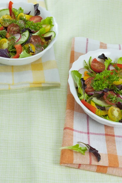 Two plates with salad on the table covered with a light green cl — Stock Photo, Image