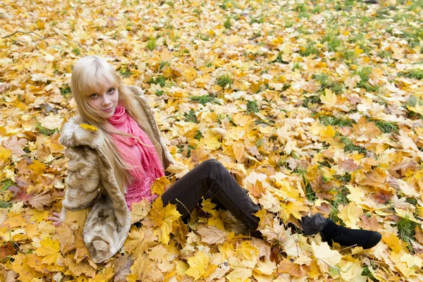 Prachtige blond meisje in herfst park — Stockfoto