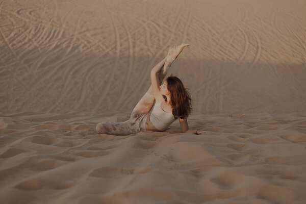 Beautiful Young Brunette Beige Clothes Posing Sandy Beach Attractive Woman Stock Picture