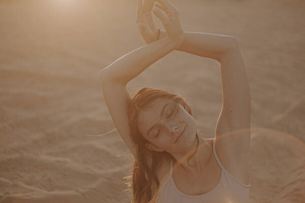 Beautiful Young Brunette Beige Clothes Posing Sandy Beach Attractive Woman Royalty Free Stock Photos