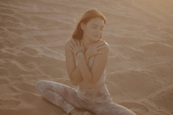 Beautiful Young Brunette Beige Clothes Posing Sandy Beach Attractive Woman Stock Photo