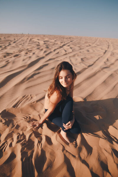 Young Beautiful Brunette Black Clothes Posing Sandy Beach Attractive Woman Stock Photo