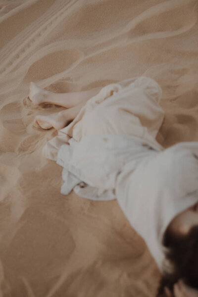 Beautiful Young Brunette Beige Clothes Lying Sandy Beach Royalty Free Stock Images