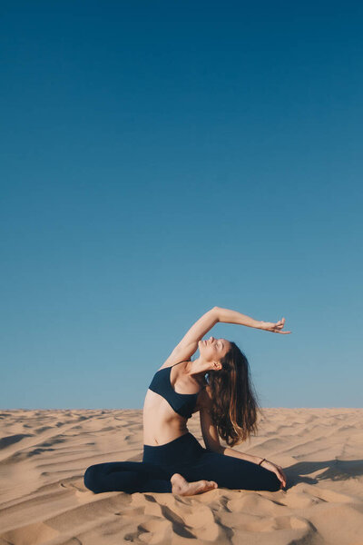 Young Beautiful Brunette Black Clothes Posing Sandy Beach Attractive Woman Stock Picture