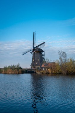 Hollanda, Kinderdijk 'te kanalın kenarında antik yel değirmeni