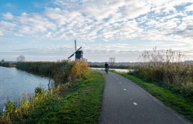 Hollanda Kinderdijk 'te bisiklet yolunda giden bir erkek bisikletçi.