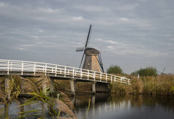 Ősi Szélmalom Híd Kinderdijkben Hollandiában — Stock Fotó