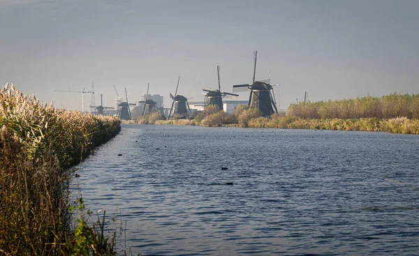 Стародавні Вітряні Млини Краю Каналу Кіндердейку Нідерланди — стокове фото