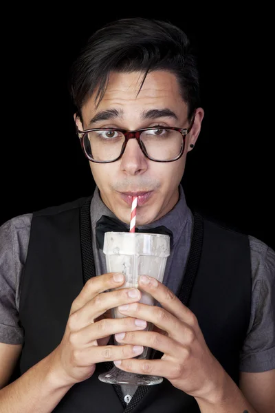 Nerd com milkshake — Fotografia de Stock