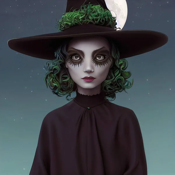 Modern Little Witch Curly Green Hair Icy Stare Moonlight — Stock Photo, Image
