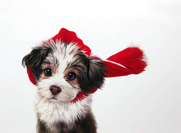 毛茸茸的 白色的和棕色的小狗 有一条红色围巾在风中飘扬 — 图库照片