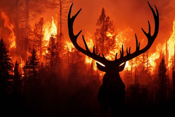 Egy Bika Jávorszarvas Menekül Egy Dühöngő Erdőtűz Elől — Stock Fotó