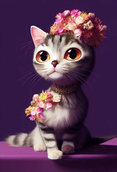 Retrato Glamouroso Gato Doce Com Chapéu Floral Corpete — Fotografia de Stock