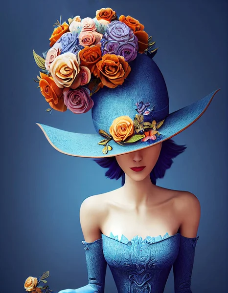 青いレースのドレスと手袋を身に着けている美しい女性と壮大な花のオートクチュールの帽子 ストック写真