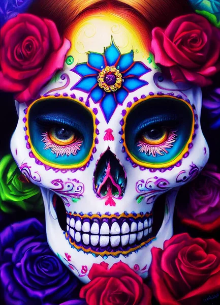 Sugar Skull Portrait Surrounded Roses — Stock Photo, Image