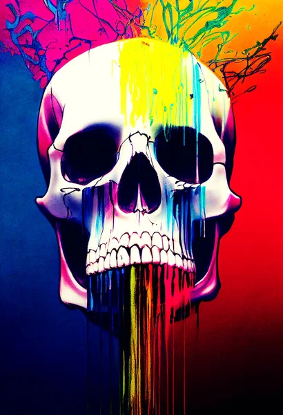 Cráneo Goteando Colores Pintura Neón Ilustración —  Fotos de Stock