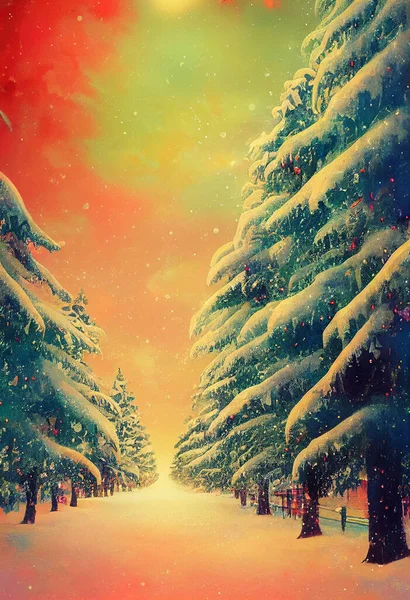 Festive Christmas Lane Golden Hour Illustration Background — Stock Photo, Image