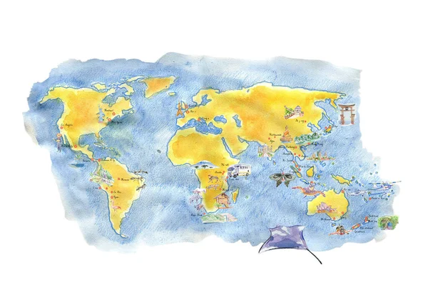 手描き水彩世界地図 アトラクション — ストック写真