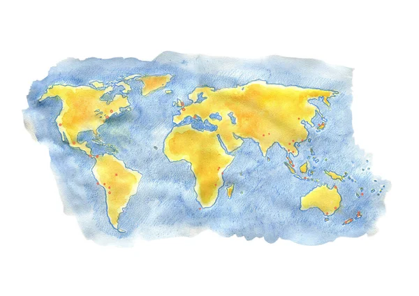 Mappa Del Mondo Acquerello Disegnato Mano — Foto Stock