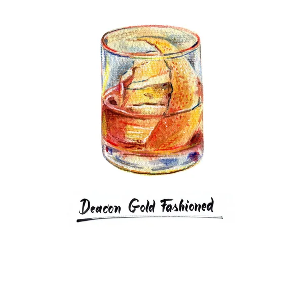 Akvarell Illustration Alkoholhaltiga Cocktail Diakon Guld Fashioned — Stockfoto
