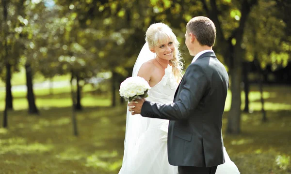 Portrait of the young beautiful bride and groom on the nature — Stock Photo, Image