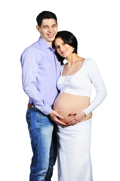 Young pregnant woman with her husband isolated on white — Stock Photo, Image