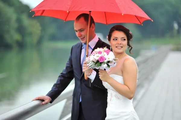 Bride and groom in the rainy day — Stock Photo, Image