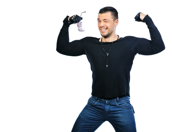 Young beautiful man posing and having fun on white background — Stock Photo, Image