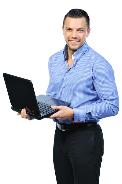 Szczęśliwy młody człowiek z laptopa - na białym tle — Zdjęcie stockowe